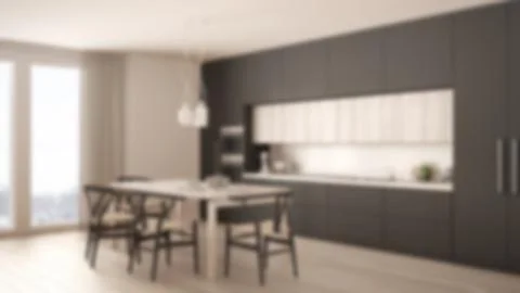 Blur background interior design, modern minimal gray kitchen with wooden floo Illustrazione stock