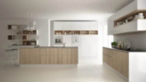 Blur background interior design, modern white scandinavia kitchen with wooden Stock Illustration