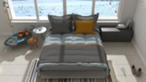 Blur background interior design, modern bedroom with big panoramic window, ar Stock Illustration