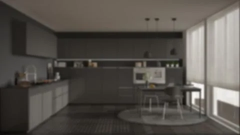 Blur background interior design, modern kitchen with table and chairs, big wi Illustrazione stock