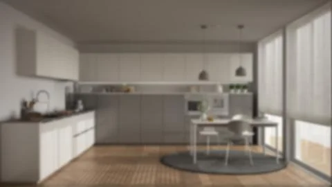 Blur background interior design, modern kitchen with table and chairs, big wi 스톡 일러스트