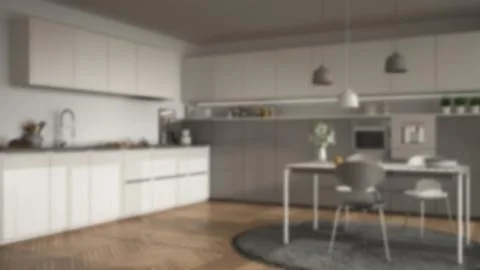 Blur background interior design, modern kitchen with table and chairs, herrin Illustrazione stock