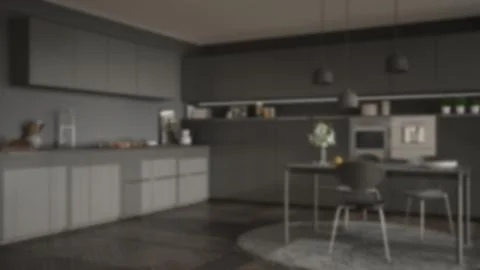 Blur background interior design, modern kitchen with table and chairs, herrin Stock Illustration