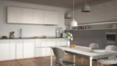 Blur background interior design, modern kitchen with table and chairs, herrin 스톡 일러스트