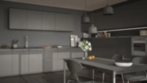 Blur background interior design, modern kitchen with table and chairs, herrin Illustrazione stock