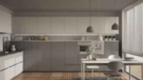 Blur background interior design, modern kitchen with table and chairs, herrin Illustrazione stock