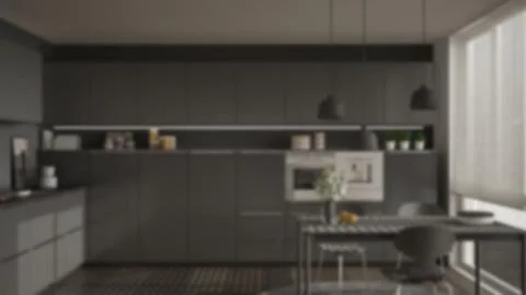 Blur background interior design, modern kitchen with table and chairs, herrin Illustrazione stock