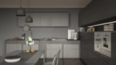 Blur background interior design, modern kitchen with table and chairs, herrin Illustrazione stock