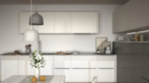 Blur background interior design, modern kitchen with table and chairs, herrin Illustrazione stock