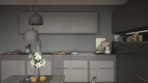Blur background interior design, modern kitchen with table and chairs, herrin 스톡 일러스트
