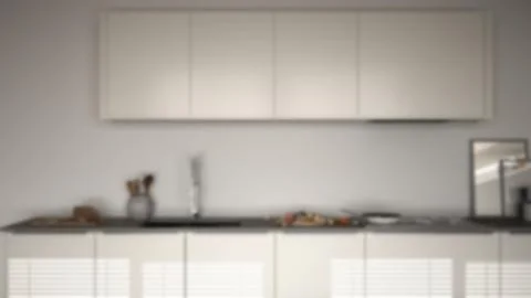 Blur background interior design, modern kitchen with table and chairs, herrin Illustrazione stock