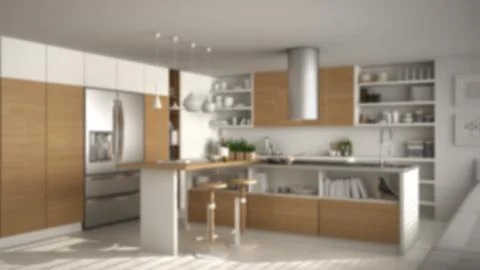 Blur background interior design, modern wooden kitchen with wooden details, w Stock Illustration