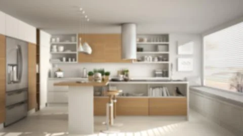 Blur background interior design, modern wooden kitchen with wooden details an Stock Illustration