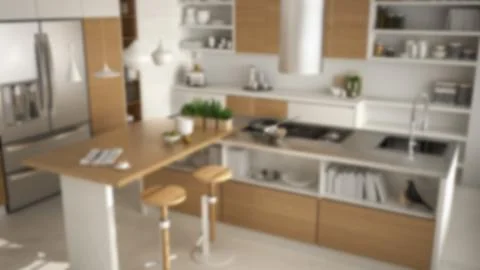 Blur background interior design, modern wooden kitchen with wooden details, c Stock Illustration