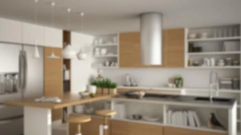 Blur background interior design, modern wooden kitchen with wooden details, c Stock Illustration