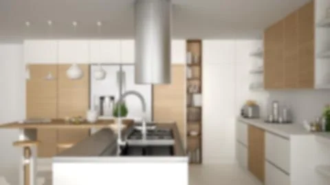 Blur background interior design, modern wooden kitchen with wooden details, c Illustrazione stock