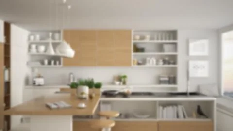 Blur background interior design, modern wooden kitchen with wooden details, c Stock Illustration
