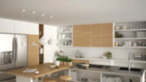 Blur background interior design, modern wooden kitchen with wooden details, c Illustrazione stock