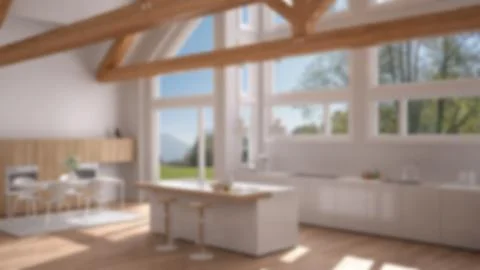 Blur background interior design, modern kitchen in classic villa, loft, big p Illustrazione stock