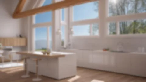 Blur background interior design, modern kitchen in classic villa, loft, big p Stock Illustration