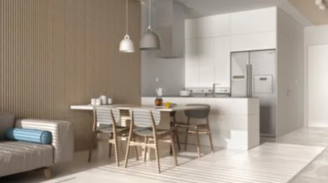 Blur background interior design, modern living room with sofa, dining table w Ilustración de archivo