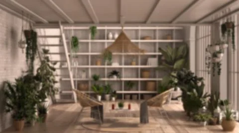 Blur background interior design: modern conservatory, winter garden interior  Stock Illustration