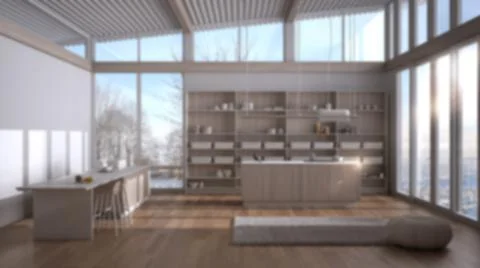Blur background interior design: modern kitchen with double island, stools, c Stock Illustration