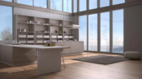 Blur background interior design: modern kitchen with double island, stools, c Stock Illustration