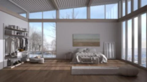 Blur background interior design: modern white and wooden bedroom, bed and wal イラスト素材