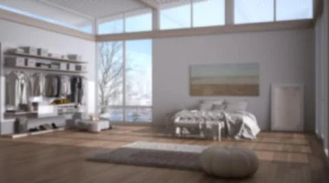 Blur background interior design: modern white and wooden bedroom, bed and wal イラスト素材