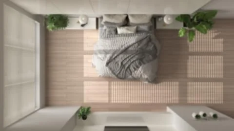 Blur background interior design, modern white minimalist bedroom with parquet Illustrazione stock