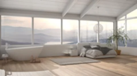 Blur background interior design: panoramic luxury bedroom with windows, doubl Stock Illustration