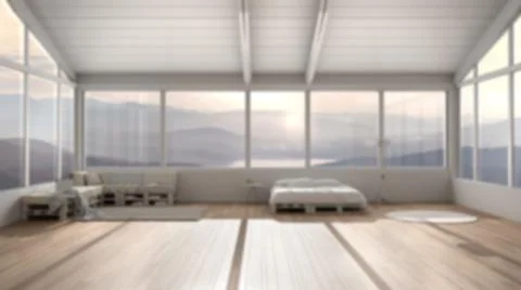 Blur background interior design: panoramic bedroom with windows on mountain v Stock Illustration