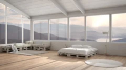 Blur background interior design: panoramic bedroom with windows on mountain v Stock Illustration