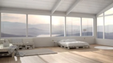 Blur background interior design: panoramic bedroom with windows on mountain v Stock Illustration