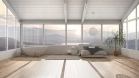 Blur background interior design: panoramic luxury bedroom with windows, doubl Stock Illustration