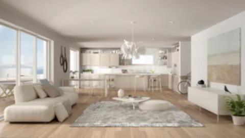 Blur background interior design, penthouse living room and kitchen interior d Illustrazione stock