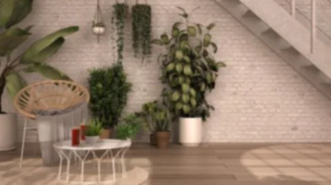 Blur background interior design: rustic lounge, rattan armchair and coffee ta Illustrazione stock