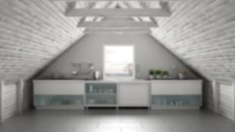 Blur background interior design, scandinavia industrial kitchen, loft mezzani Stock Illustration