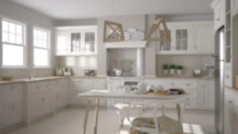Blur background interior design, scandinavian classic kitchen with dining tab Stock Illustration
