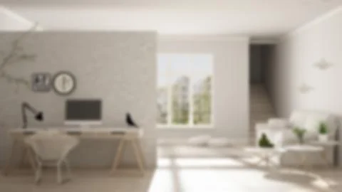 Blur background interior design, scandinavian living with home workplace, hou Stock Illustration