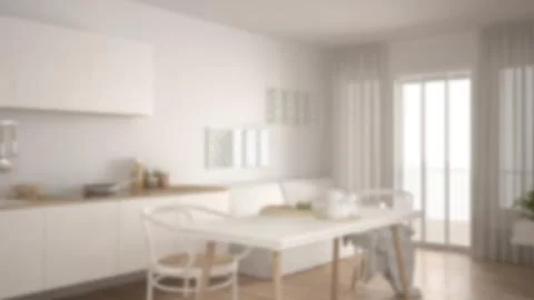 Blur background interior design, scandinavian kitchen with sofa and table, wo 스톡 일러스트