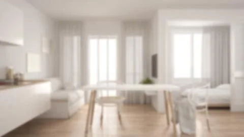 Blur background interior design, scandinavian kitchen with sofa and table, wo Illustrazione stock