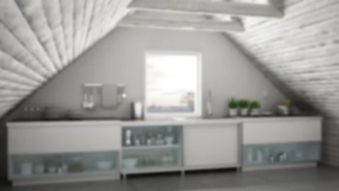 Blur background interior design, scandinavian industrial kitchen, loft mezzan Stock Illustration