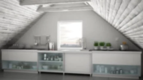 Blur background interior design, scandinavian industrial kitchen, loft mezzan Stock Illustration