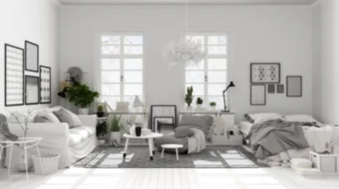 Blur background interior design, scandinavian open space, living room and bed Illustrazione stock