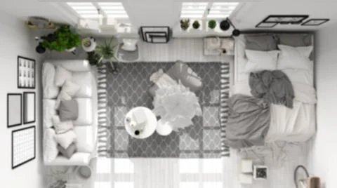 Blur background interior design, scandinavian open space, living room and bed Illustrazione stock