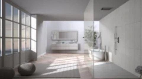 Blur background interior design: spacious bathroom with parquet floor, panora Stock Illustration