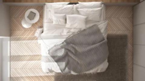 Blur background interior design, white and minimalist bedroom with parquet fl 库存插图
