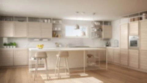 Blur background interior design, white kitchen with wooden details and parque イラスト素材